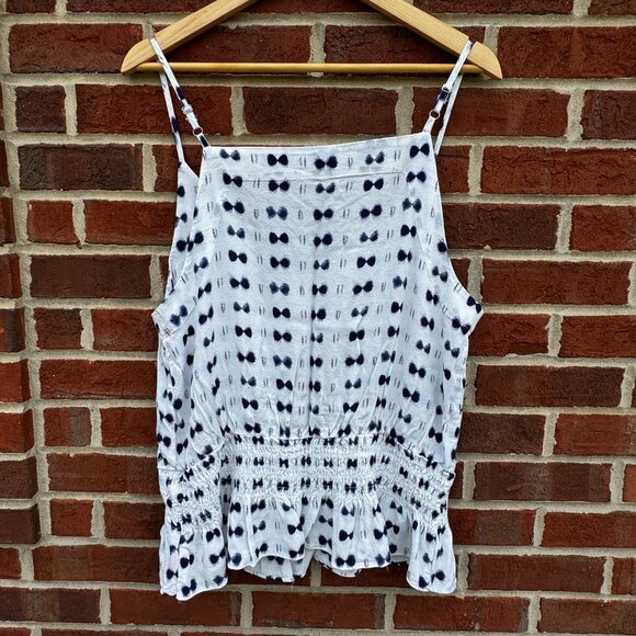 Ann Taylor Sleeveless Top Large White Blue Smocked Waist Dainty Feminine - Picture 3 of 8